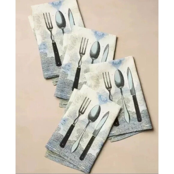 COPY - ⚡️JOHN DERIAN X Target CLOTH NAPKINS Fork Spoon Knife Blue Cotton Linen … - Picture 2 of 2